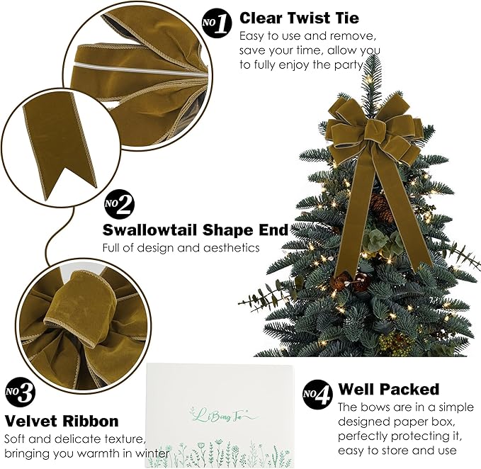 13" Khaki Pre-Tied Velvet Bow for Christmas Tree, Rustic Bow for Wreaths, Wedding, Premade Bows with Twist Tie, Tree Toppers Bows for Party Favor, Christmas Home Indoor Outdoor Decor-1 PCs