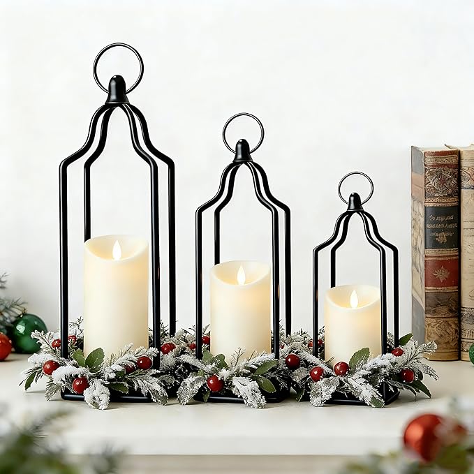 Rustic Farmhouse Decor Metal Lantern Set of 3 Decorative Lanterns for Home Indoor Outdoor Living Room, Fireplace, Patio, Wedding & Kitchen Table Centerpieces (Black, 16.9"+14.5"+12.2")