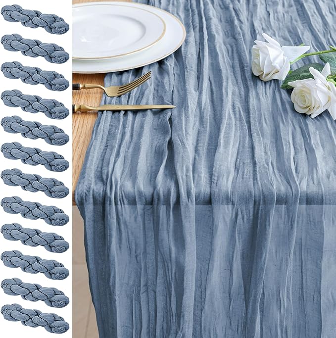 12PCS Table Runner Cheesecloth 10FT Dusty Blue Boho Gauze Cheese Cloth Rustic Sheer Table Runners for Wedding Bridal Baby Shower Party Decoration
