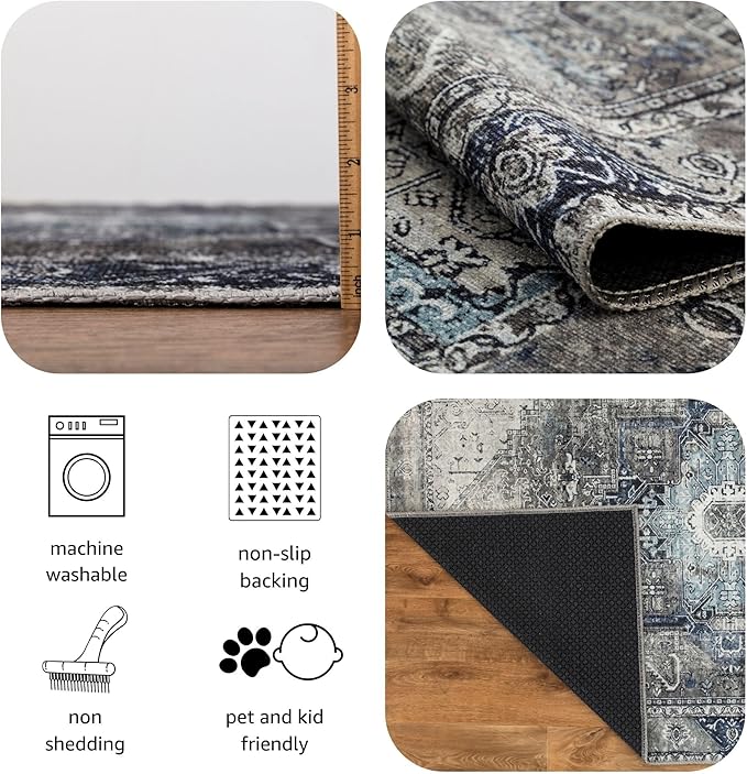 Keen Home Design 6x9 Rug - Machine Washable Area Rug with Non-Slip Backing, Ideal for Living Room, Dining Room, Bedroom - Vintage, Easy Clean, Durable, Low Pile - (6' x 9')