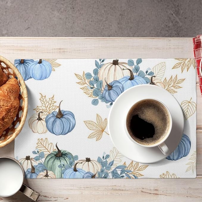 Fall Blue Pumpkin Placemats, Halloween Autumn Pumpkins Floral Golden Eucalyptus Leaves Harvest Plants Table Mats Placemat for Kitchen Dining Table, 4PCS
