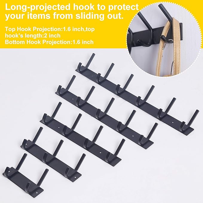 WEBI Coat Rack Wall Mounted,17-1/8 Inch Hooks for Hanging Coats,Heavy Duty Metal Hook Rail with 6 Double Dual Hooks Hanger Wall Mount for Purse Clothes Jacket Backpack Entryway,Black