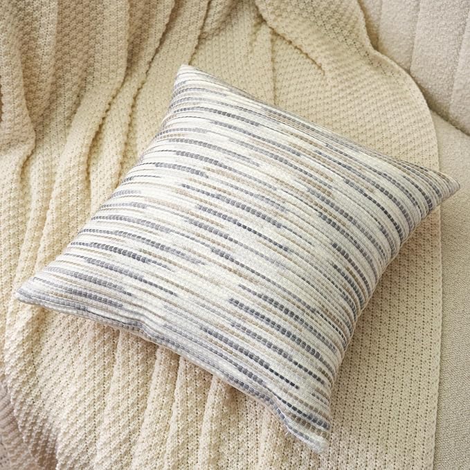 Aeckself Boho Striped Pillow Cover 24x24, Large Decorative Square Throw Pillow Cover Chenille Neutral Pillowcase for Couch Bedroom Living Room, Gray White