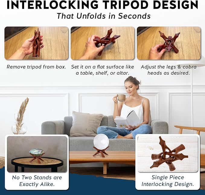 Alternative Imagination Wooden Tripod Display Stand – 6-Inch Hand Carved Holder Made from Sustainable Mango Wood – Folding Reddish-Brown Stand for Abalone Shell, Crystal Ball, Key Bowl, Trinket Dish, Incense, Decor and More