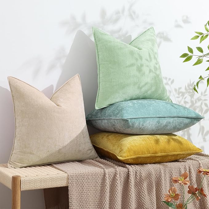 decorUhome Christmas Couch Throw Pillow Covers 20x20 Set of 2, Decorative Soft Euro Velvet Neutral Chenille Pillow Covers with Elegant Design for Sofa Bed Living Room Home Decor, Beige