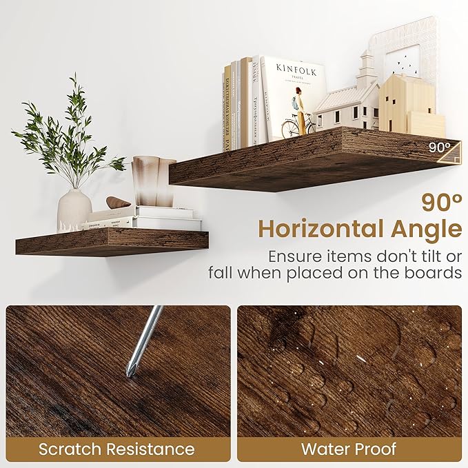 Fun Memories 48 Inch Floating Shelves, 9.3 Inch Deep Wall Shelves for Bathroom, Living Room, Bedroom, Kitchen, Deep Long Shelf Wall Mounted 2 Pack Shelf for Books, Decor, Rustic Brown