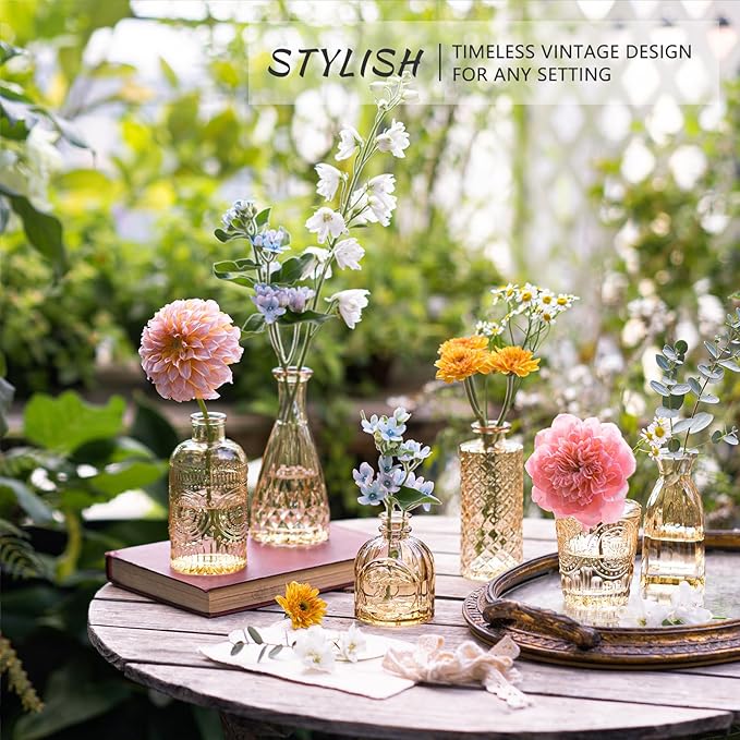 16Pcs Glass Bud Vase Set, Small Flower Vases in Bulk for Centerpieces, Mini Vintage Amber Vase for Wedding, Home Decor, Table Decoration - Gold Amber