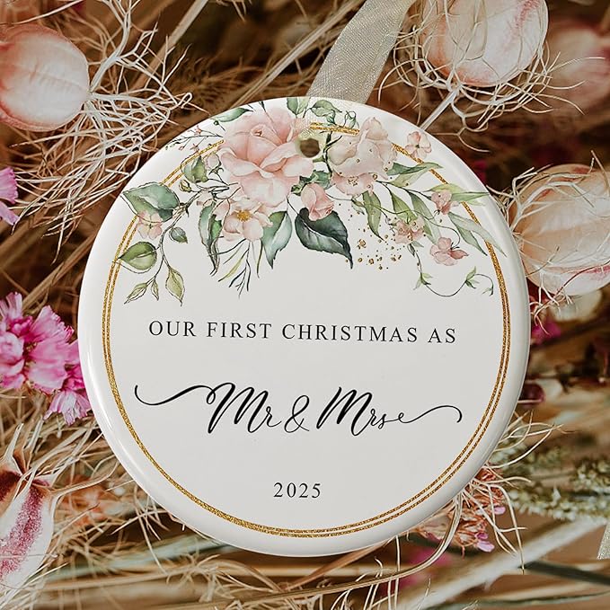 First Christmas as Mr and Mrs Ornament 2025,1st Year Wedding Ornament for Newlywed,Our First Married Christmas Ornament,Ceramic Hanging Decoration for Couples Just Married with Gift Box&Ribbon 2.9"