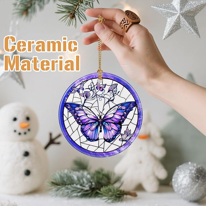 Ceramic-Style Christmas Tree Decorations, Christmas Ornaments, Double-Sided Printed Ornament Keepsakes, Holiday Decor. Xmas Gifts, Gifts for Butterfly Lovers - Butterfly-Themed