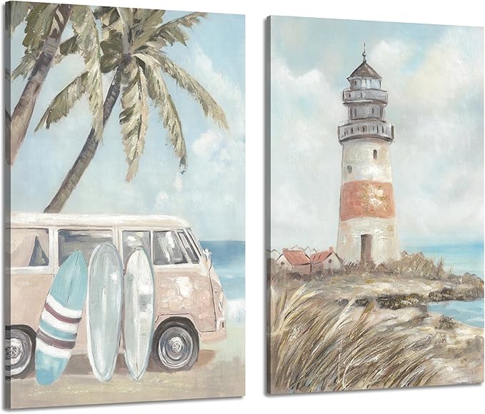 ARTISTIC PATH Beach Coastal Canvas Wall Art - Ocean Lighthouse Paintings Vintage Van Prints Palm Tree Pictures Surfboard Artwork for Bedroom