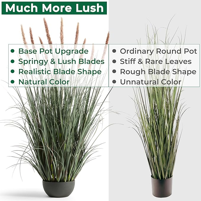 3ft Onion Grass, Artificial Plant and Greenery, Fake Floor Plants Indoor Outdoor, Faux Horsetail Reed Grass with 7 Pink Flower Crowns, Potted, House Decorative