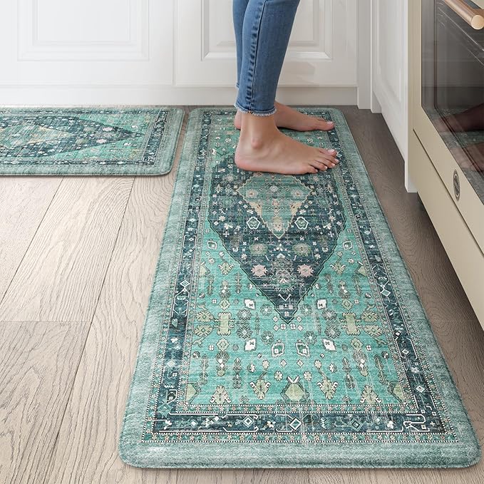 Collive Boho Kitchen Mats for Floor 2 Piece, Cushioned Anti Fatigue Kitchen Floor Mat Non-Skid Waterproof Under Sink Rug, Teal/Multi Comfort Standing Desk Rugs for Office, 17"x30"+17"x47"