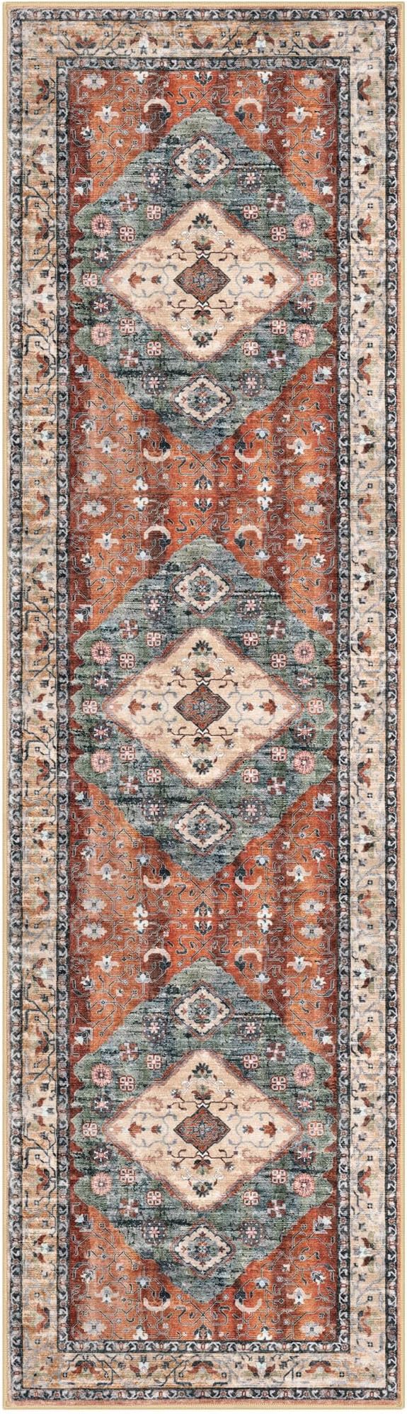 KOZYFLY Long Runners for Hallways 2.6x10 Ft Washable Kitchen Boho Runner Rug for Entryway Indoor Rust/Orange/Blue Printed Faux Wool Stair Runner Floor Carpet Runner for Stair Kitchen Hall
