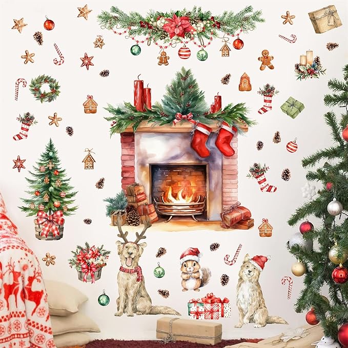 Christmas Wall Decals Merry Christmas Wall Stickers Fireplace Stickers Christmas Pine Tree Decals for Wall Removable Winter Animals Walls Art Decor for Xmas Party Supplies Living Room Home