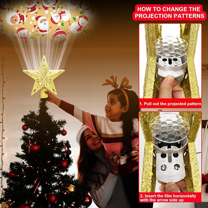 10" Christmas Tree Topper Star Lighted with 6 Projection Modes, Light Up Christmas Tree Topper Built-in LED Rotation Light, 3D Glitter Dynamic Projector Tree Top for Xmas Party Decorations Gift