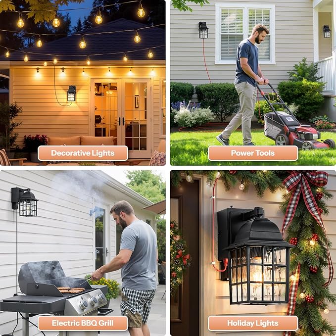 Gleamz Dusk to Dawn Outdoor Porch Light with GFCI Outlet, Modern Black Exterior Lighting Fixtures Wall Mount for House, Anti-Rust Outdoor Wall Sconce Lantern for Garage Coach with Water-Ripple Glass