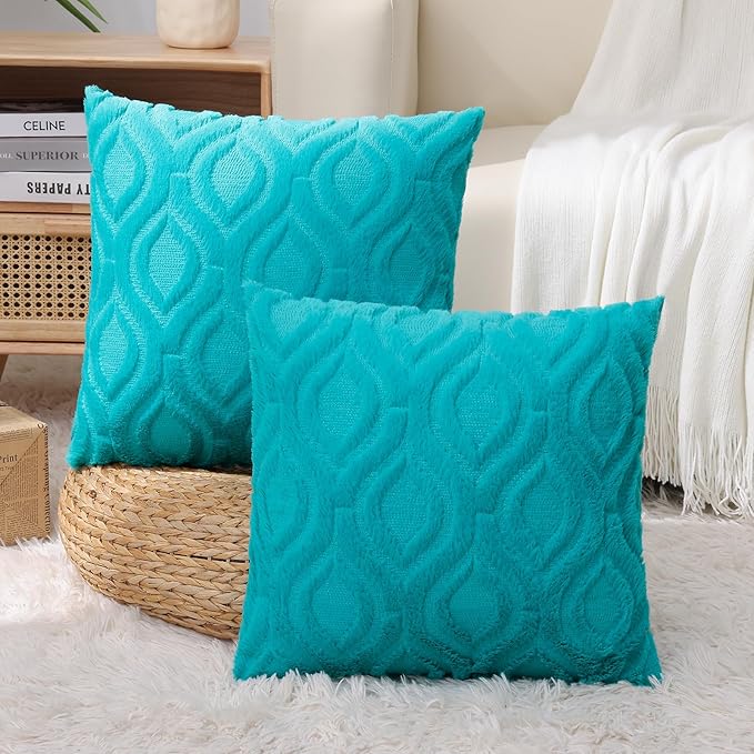 decorUhome Throw Pillow Covers 18x18 Inch Set of 2, Soft Plush Faux Wool Turquoise Solid Couch Pillow Covers, Accent Farmhouse Neutral Square Pillow Cases for Sofa Bed Living Room