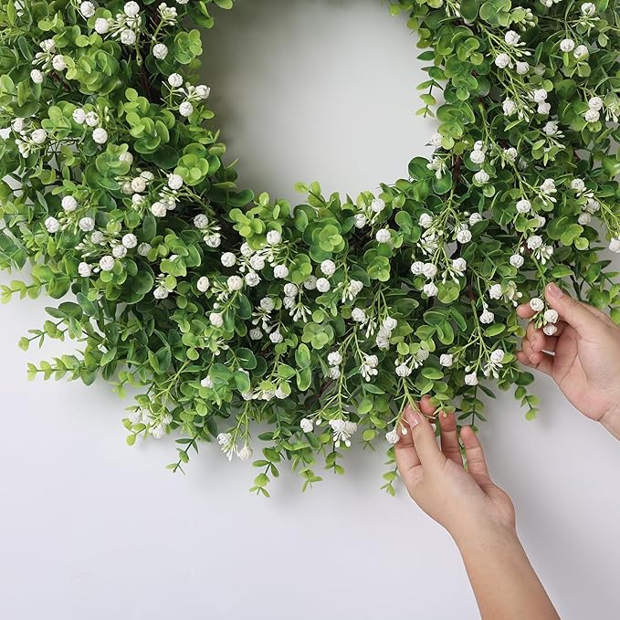 26" Artificial Eucalyptus Wreath with Baby's Breath for Front Door - Faux Eucalyptus Leaves, Fake Spring/Summer Greenery Flowers Wreath for Porch, Farmhouse, Wall, Window Outdoor Decor