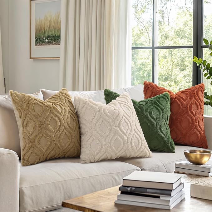 decorUhome Throw Pillow Covers 20x20 Inch Set of 2, Soft Plush Faux Wool Beige Solid Couch Pillow Covers, Accent Farmhouse Neutral Square Pillow Cases for Sofa Bed Living Room