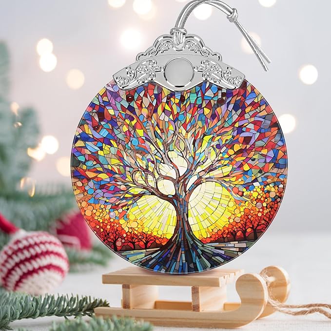 Christmas Ornaments - Stained Glass Tree of Life - Traditional Christmas Decor - Multicolor - Glass - Hanging Ornaments - 1 Count - Unscented - Ideal for Gifting