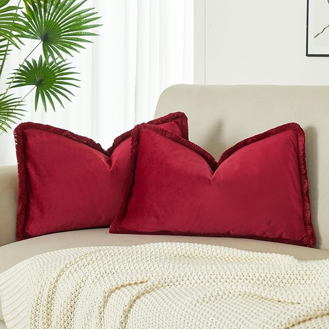 JUSPURBET Red Decorative Velvet Fringe Throw Pillow Covers 16x24 Set of 2 Boho Soft Cushion Case for Home Decor Living Room Couch Sofa Bed