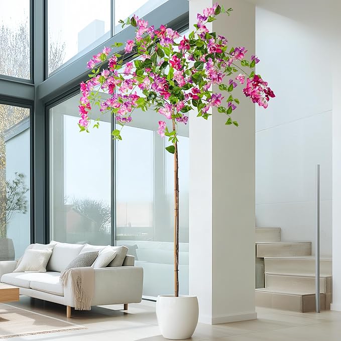 7.2FT Artificial Bougainvillea Tree Artificial Tree Tall Potted Fake Bougainvillea Trees for Outdoor Indoor Lifelike Potted Faux Plants with Wood Trunk and Flowers Office Wedding Home Decor