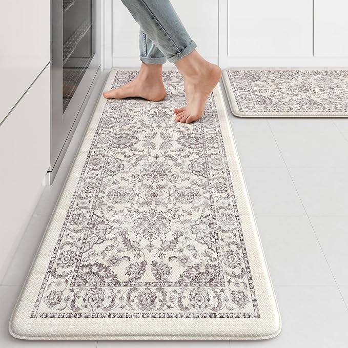 KIMODE Comfort Kitchen Floor Mats Cushioned Anti Fatigue,Boho Vintage Floral Kitchen Rugs Sets of 2,Ergonomic Memory Foam Carpet Non Slip for Sink Laundry Office,Purple Grey 17"x29.5"+17" x47”