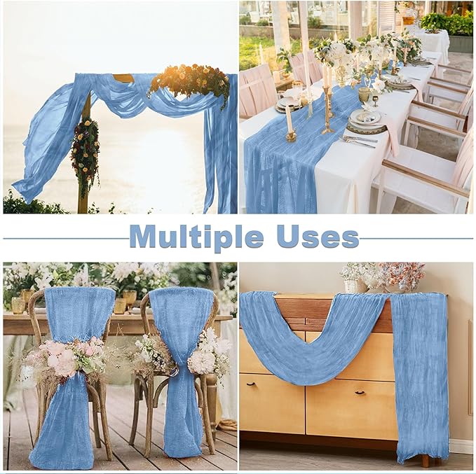 JOYIT 4 Pack Blue Cheesecloth Table Runner 35" x 120" – Boho Table Runner Set for Wedding, Birthday, and Party Decor, Romantic Gauze Table Runner for Rustic and Elegant Tablescapes (Light Blue)