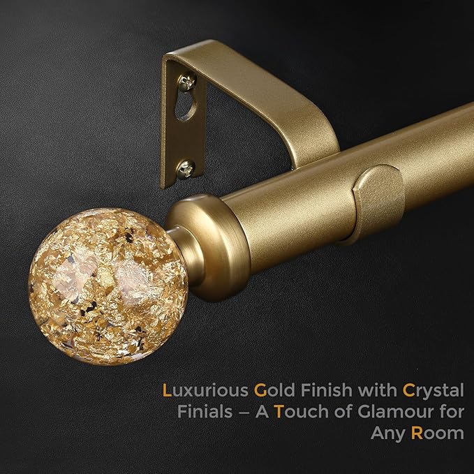 Gold Curtain Rods for Windows 28 to 48 Inch, 1'' Heavy Duty Adjustable Drapery Rod with Unique Crystal Ball Finials, Modern Decorative Curtain Rod,Size; 30-60''