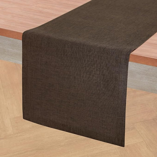 Solino Home Linen Chambray Brown Table Runner 108 Inches Long - Athena, 100% Pure Linen Dining Table Runner 14 x 108 Inch for Winter - Handcrafted and Machine Washable
