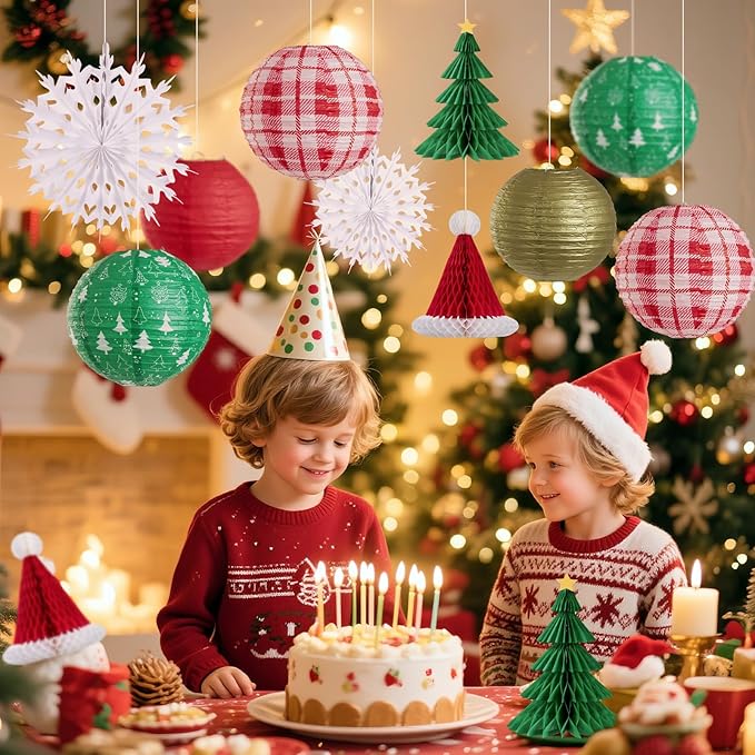Christmas Hanging Decorations, 12 PCS Paper Lanterns, Honeycomb Christmas Trees, Hanging Paper Fans, Red Green Gold White Holiday Party Supplies for Home Xmas Holiday Party