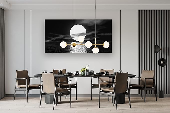 Cao Gen Decor Art S06475 Wall Art Canvas Sea White Full Moon in Night Picture Canvas Poster Print Black and White Ocean for Living Room Bedroom Kitchen Home Decorations Framed Artwork
