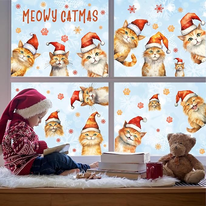 Christmas Window Clings Decoration Indoor Xmas Cat Stickers Double-Sided Merry Christmas Window Decals for Glass Windows Xmas Snowflake Decals for Winter Holiday Kids Bedroom Home Party Supplies