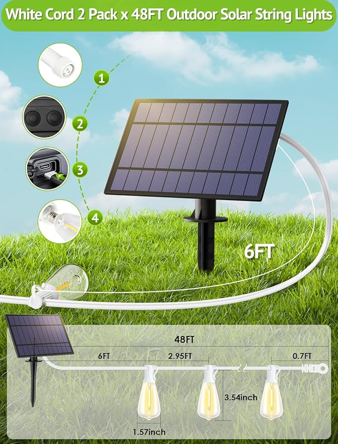 96FT(2x48FT) Solar Outdoor String Lights with Remote & Timer, Waterproof Dimmable Patio Lights with 30+2 ST38 LED Bulbs for Garden Deck-White