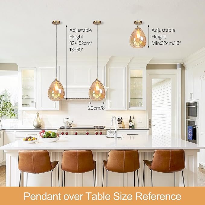 Gold Pendant Lighting with Amber Hammered Glass Shade, 1-Light Art Deco Hanging Lamp for Kitchen Island, Dining Room, Bedroom (Amber Glass Shade)