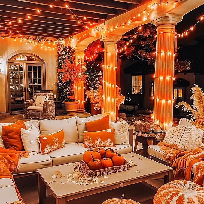 JMEXSUSS 600 LED Thanksgiving Lights Outdoor, Orange Christmas Lights Plug in, Orange String Lights Clear Wire for for Indoor Room Yard Tree Fall Thanksgiving Decorations