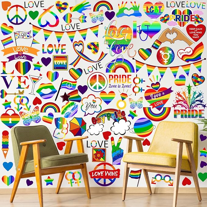 Eersida 6 Sheets Gay Pride Wall Stickers LGBTQ Rainbow Wall Decals Removable Vinyl Love Hearts Lesbian Gay Pride Sticker for Living Room Bedroom Home Month Decor Support