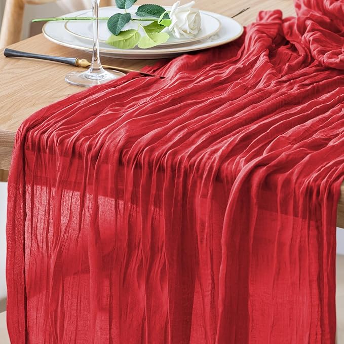 Table Runner Cheesecloth 10FT Red Boho Gauze Cheese Cloth Rustic Sheer Table Runners for Wedding Birthday Bridal Baby Shower Party Decoration