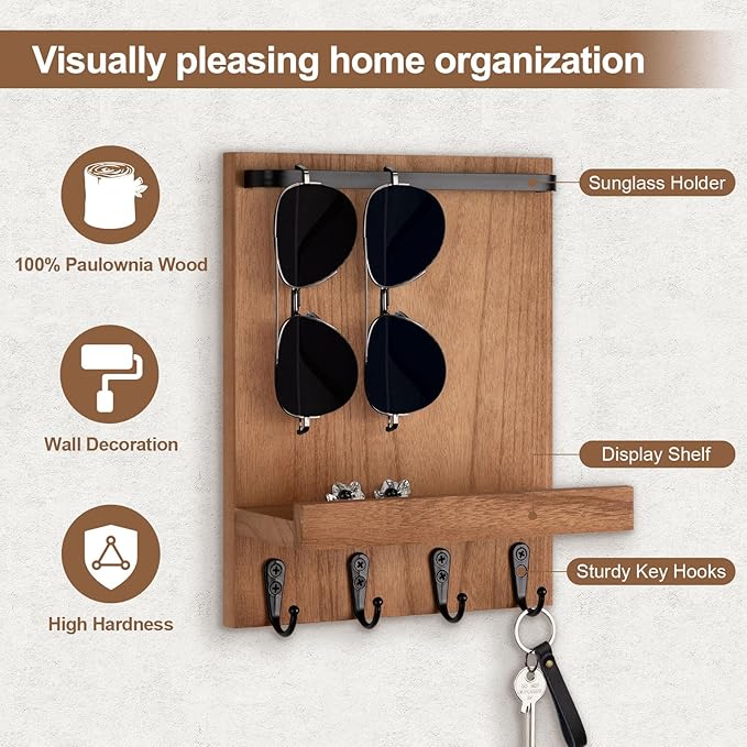 Key Holder Wall Mount, Key Holder for Wall with 4 Hooks, Farmhouse Key Hanger Holds Dog Leash, Sunglasses – Decorative Mail Organizer Home Decor (Wood)