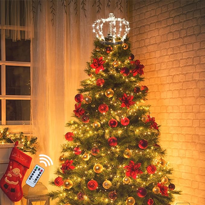 LAWOHO Christmas Tree Topper Star, Jeweled Crown with 60 Warm White LED USB Lighted Tree Topper, Xmas Tree Decor with Remote Control 8 Lighting Mode, Timer, Dimmer for Christmas Tree Ornament（Silver）