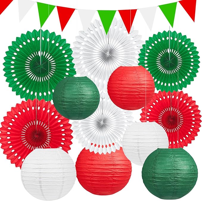 13 Pcs Red White Green Italian Party Decorations Set, Hanging Paper Lanterns & Fans, Mexican Fiesta Decor, Christmas Holiday Supplies, Reusable Eco-Friendly Party Backdrop Kit