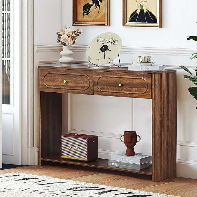 ORRD Fluted Console Table with Drawers, Mid-Century Narrow Entryway Table with Open Storage Shelves, Hallway Accent Tables Behind Couch Tables for Living Room (Walnut)