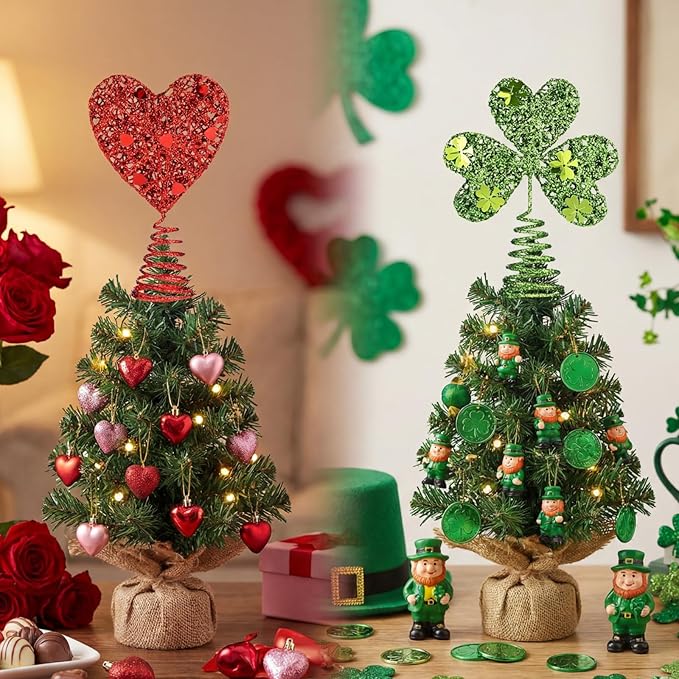 2pcs Valentine Day St Patrick's Day Mini Tree Topper Heart Shamrock Tree Topper Red Green Iron Metal Glitter Holidays Ornament for Irish Festival Party Decorations (2,Classic)