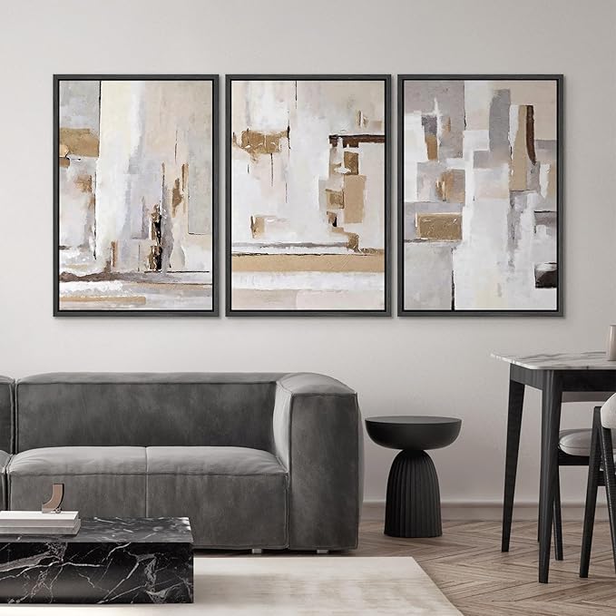 SIGNWIN Framed Canvas Print Wall Art Set Abstract Geometric Neutral Beige and White Illustrations Modern Art Decorative Rustic Calm/Zen for Living Room, Bedroom, Office - 24"x36"x3 Black