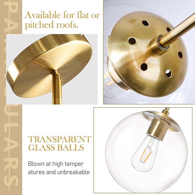 10 Inch Globe Pendant Light Gold Mid Century Pendant Light Adjustable Hanging Light Fixture Globe Pendant Lights Kitchen Island Clear Glass with Brass Finish for Dining Room
