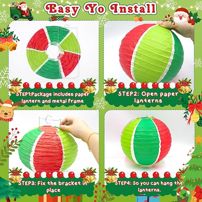 Christmas Paper Lanterns, 12 PCS Christmas Hanging Paper Lanterns Indoor Outdoor, Red Green and White Xmas Tree Candy Bell Lantern for Christmas Party Decorations Home Holiday Decor
