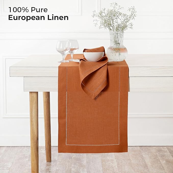 D'Moksha Homes Linen Rust Table Runner 36 Inches - 100% Pure Linen Small Table Runner 14 x 36 Inch Ideal for Dresser, Coffee Tables, Spring, Easter - Classic Hemstitch