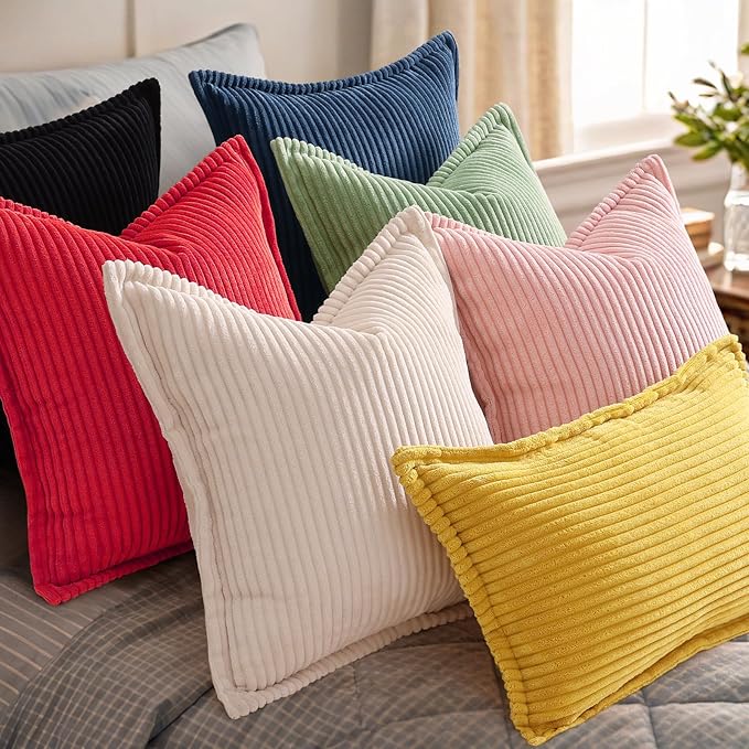 decorUhome Christmas Corduroy Red Throw Pillow Covers 22x22 Set of 2 Decorative Soft Boho Farmhouse Euro Couch Pillow Covers for Living Room Bed Sofa Broadside Striped Pillow Cases