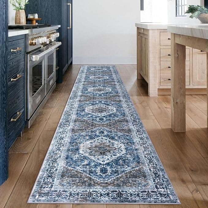 KOZYFLY Runners for Hallways 2x12 Ft Extra Long Washable Kitchen Runner Rug Boho Runner Rug for Entryway Indoor Blue Printed Oriental Faux Wool Stair Runner Floor Carpet Runner for Stair Kitchen Hall