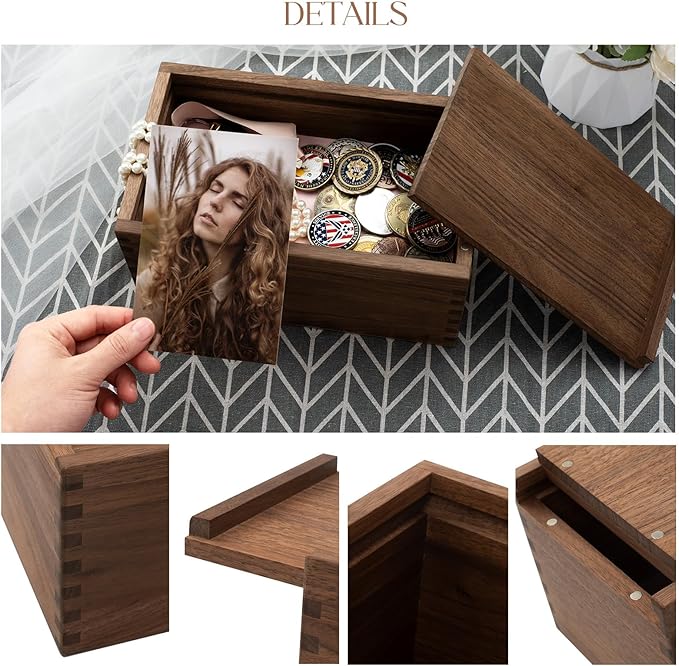 Wood Box with Slide Lid, Walnut Wooden Storage Box, 9.65'' x 5.71'' x 4.8'' Wooden Decorative Box for Keepsakes Valuables Accessories